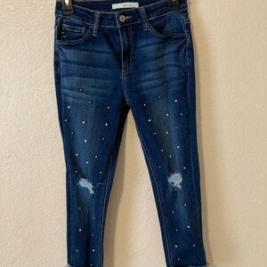 KanCan Blue Ankle Cropped Distressed Jeans with beads